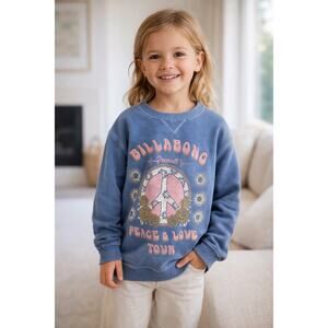 Billabong Girls Sweatshirt Size 4 Blue Peace Love Tour Graphic Fleece Pullover